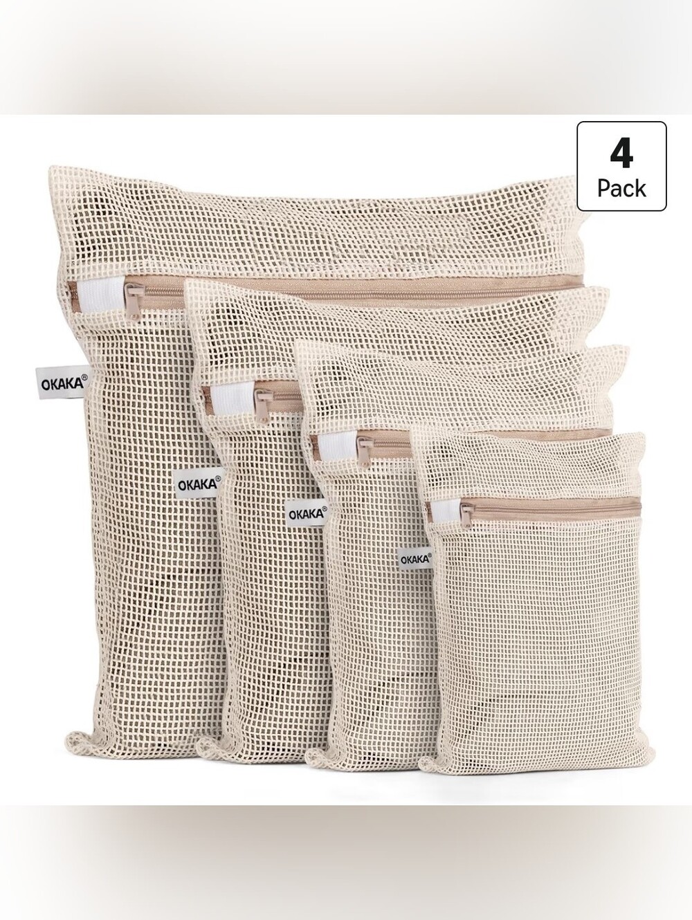 OKAKA Reusable Mesh Laundry Bags - 4 Pack, Natural
